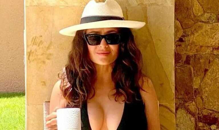 Salma Hayek flaunts cleavage in plunging swimsuit as she sets pulses racing