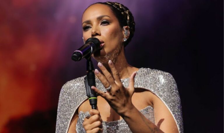 Leona Lewis steals the show in glamorous rhinestone gown for rare performance