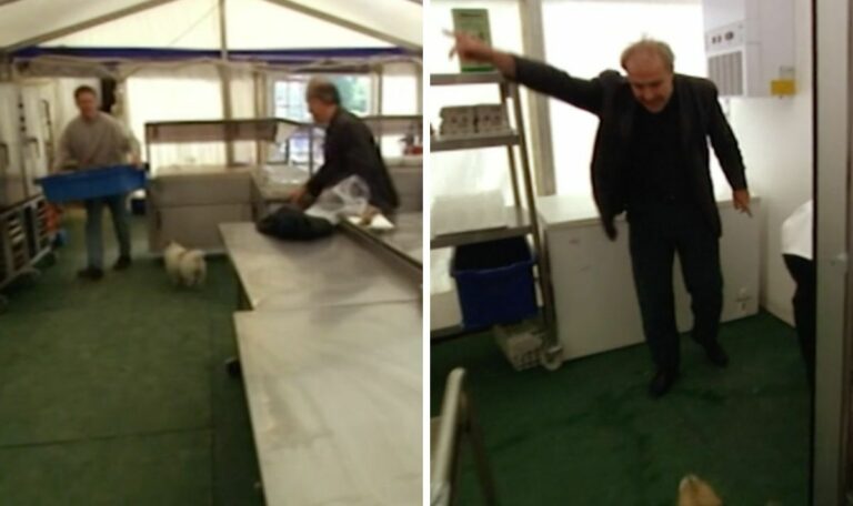 Rick Stein chases dog Chalky out of the kitchen as he yells get out